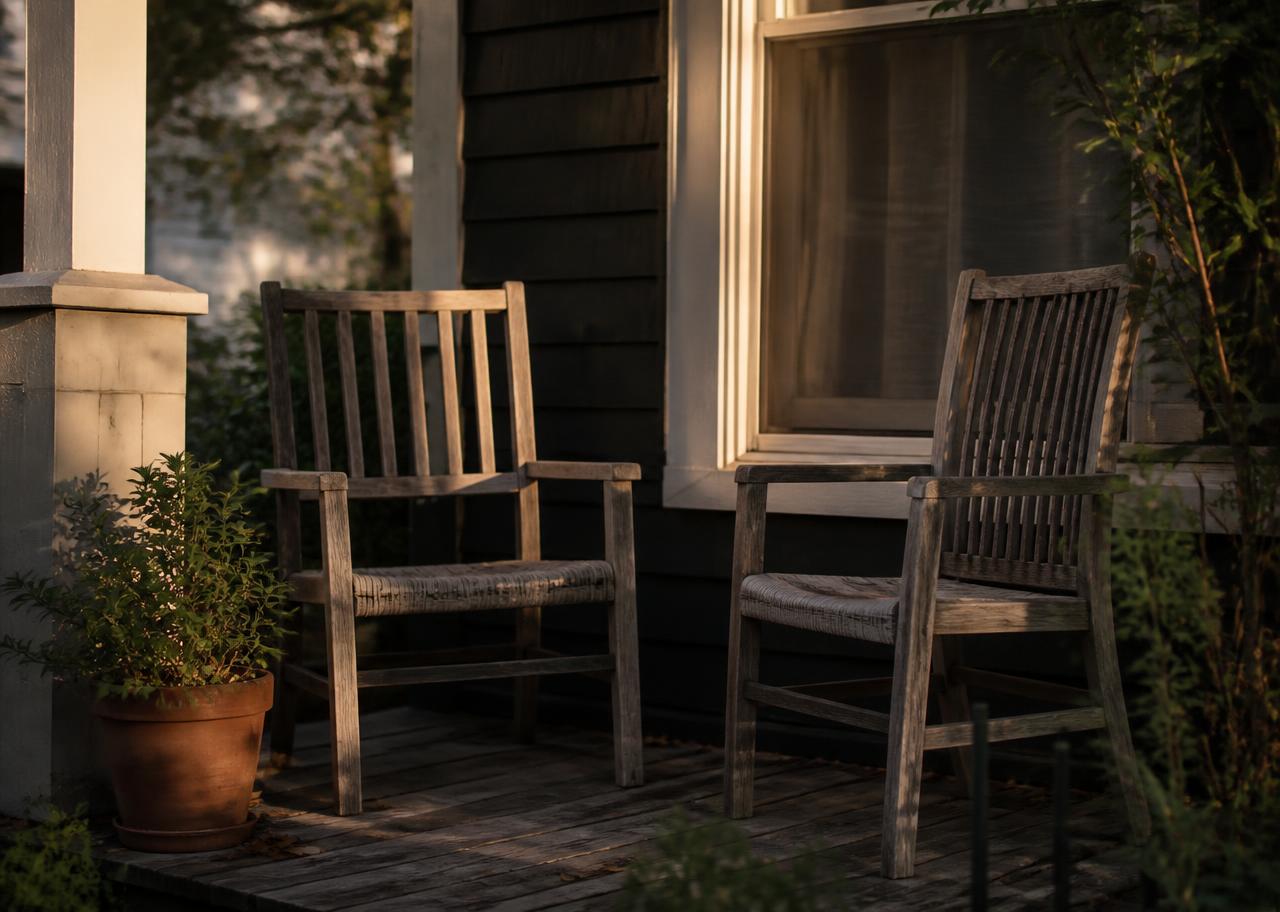 Two wooden chairs on a front porch in warm light