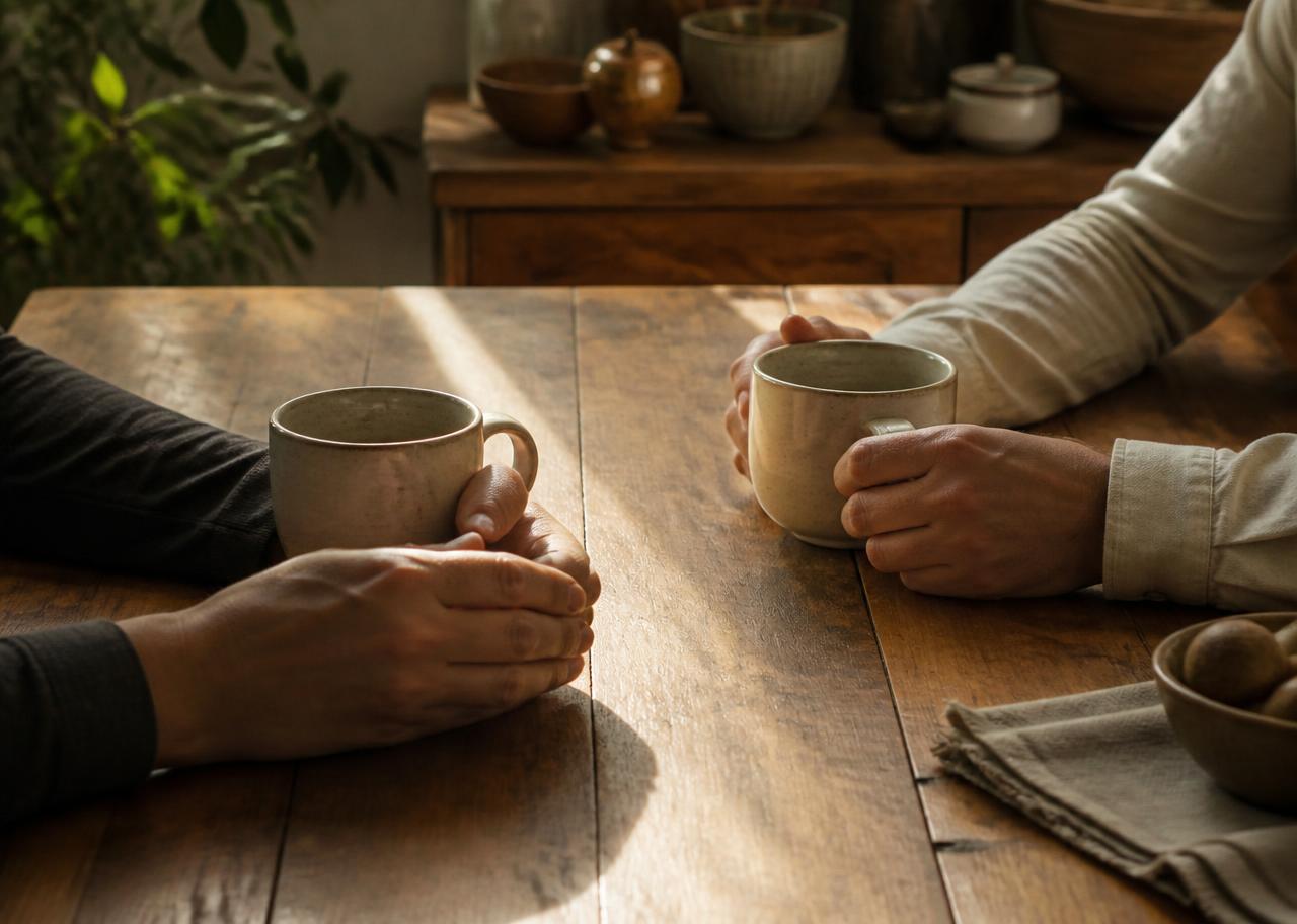 Two people sharing a quiet conversation at a kitchen table